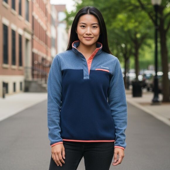Columbia Blue and Coral Fleece Snap Pullover, Size M - Picture 1 of 9